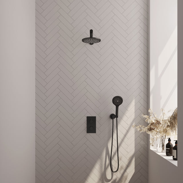 BRAUER Black Edition thermostatische inbouw regendouche 3-weg omstelling SET 31 met 20 cm douchekop en rechte muurarm en 3-standen handdouche en doucheslang en wandaansluitbocht mat zwart