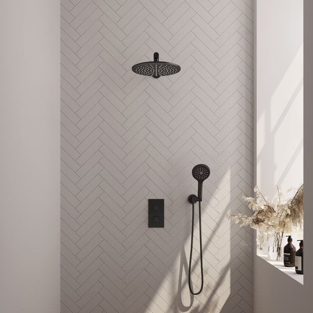 BRAUER Black Edition thermostatische inbouw regendouche 3-weg omstelling SET 32 met 30 cm douchekop en rechte muurarm en 3-standen handdouche en doucheslang en wandaansluitbocht mat zwart