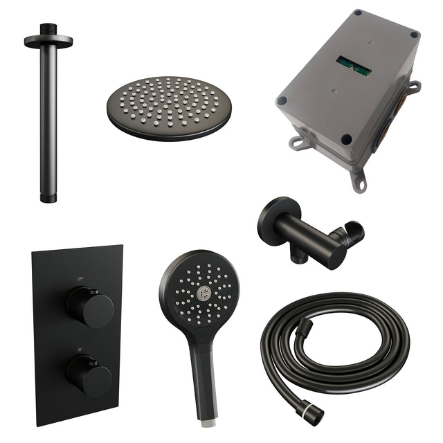BRAUER Black Edition thermostatische inbouw regendouche 3-weg omstelling SET 35 met 20 cm douchekop en plafondarm en 3-standen handdouche en doucheslang en wandaansluitbocht mat zwart