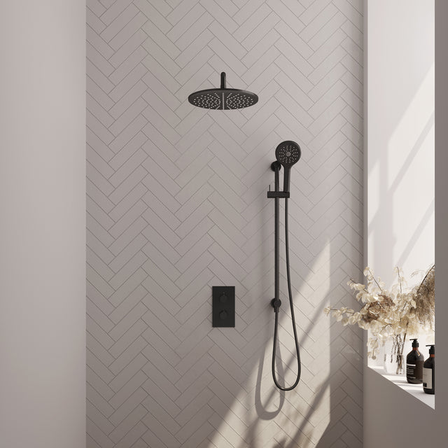 BRAUER Black Edition thermostatische inbouw regendouche 3-weg omstelling SET 46 met 30 cm douchekop en gebogen muurarm en 3-standen handdouche en doucheslang en geïntegreerde glijstang mat zwart