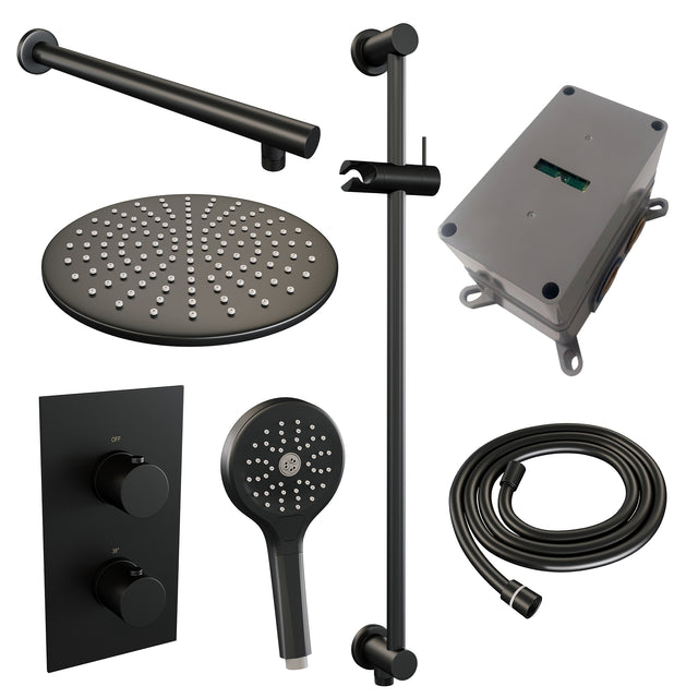 BRAUER Black Edition thermostatische inbouw regendouche 3-weg omstelling SET 44 met 30 cm douchekop en rechte muurarm en 3-standen handdouche en doucheslang en geïntegreerde glijstang mat zwart