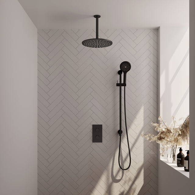 BRAUER Black Edition thermostatische inbouw regendouche 3-weg omstelling SET 48 met 30 cm douchekop en plafondarm en 3-standen handdouche en doucheslang en geïntegreerde glijstang mat zwart