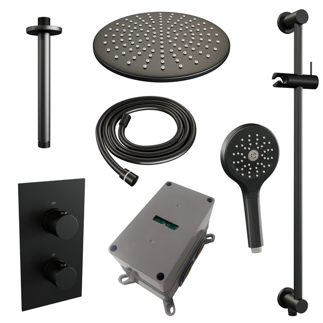 BRAUER Black Edition thermostatische inbouw regendouche 3-weg omstelling SET 48 met 30 cm douchekop en plafondarm en 3-standen handdouche en doucheslang en geïntegreerde glijstang mat zwart