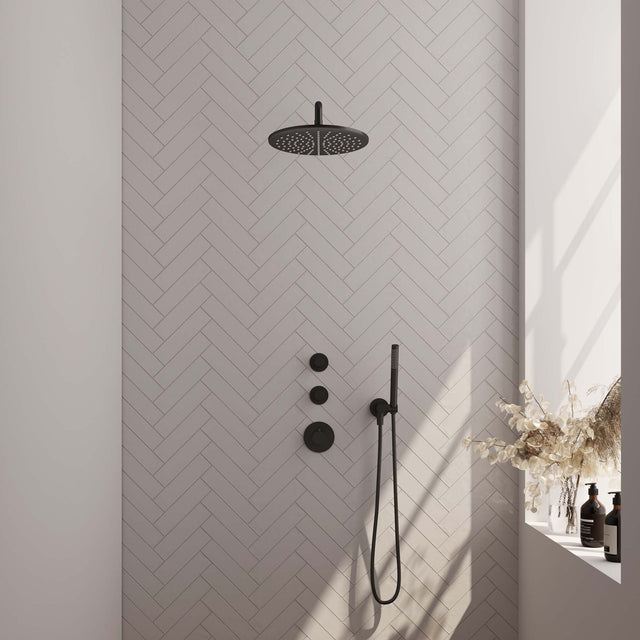 BRAUER Black Edition thermostatische inbouw regendouche SET 04 met 30 cm douchekop en gebogen muurarm en staaf handdouche en doucheslang en wandaansluitbocht mat zwart