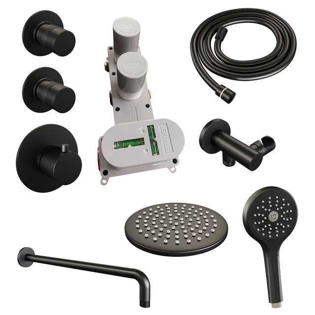 BRAUER Black Edition thermostatische inbouw regendouche SET 09 met 20 cm douchekop en gebogen muurarm en 3-standen handdouche en doucheslang en wandaansluitbocht mat zwart