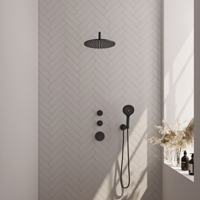 BRAUER Black Edition thermostatische inbouw regendouche SET 10 met 30 cm douchekop en gebogen muurarm en 3-standen handdouche en doucheslang en wandaansluitbocht mat zwart