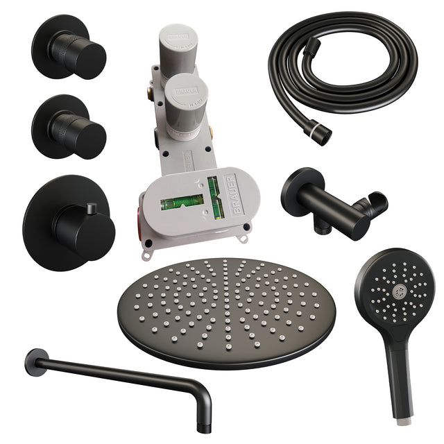 BRAUER Black Edition thermostatische inbouw regendouche SET 10 met 30 cm douchekop en gebogen muurarm en 3-standen handdouche en doucheslang en wandaansluitbocht mat zwart