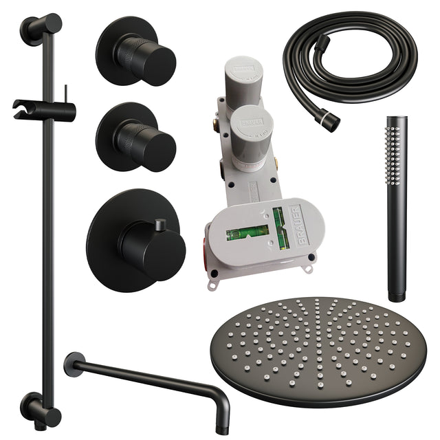 BRAUER Black Edition thermostatische inbouw regendouche SET 16 met 30 cm douchekop en gebogen muurarm en staaf handdouche en doucheslang en geïntegreerde glijstang mat zwart