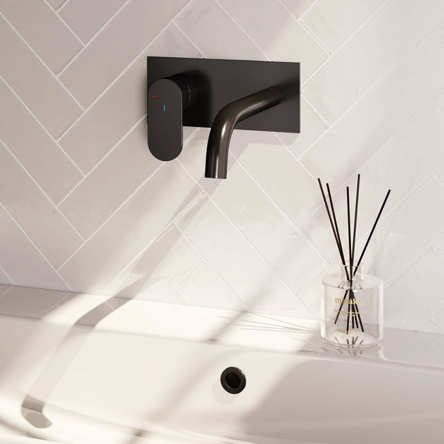 BRAUER Black Edition inbouw wastafelmengkraan met gebogen uitloop en afdekplaat model C2 mat zwart