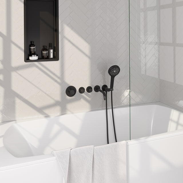 BRAUER Black Carving thermostatische inbouw badkraan SET 02 met uitloop en 3-standen handdouche en doucheslang en wandaansluitbocht mat zwart 5-S-094