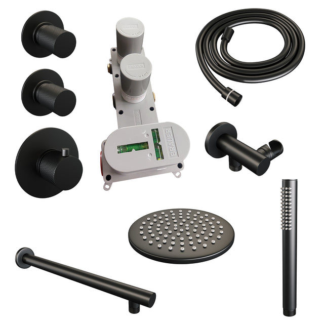 BRAUER Black Carving thermostatische inbouw regendouche SET 01 met 20 cm douchekop en rechte muurarm en staaf handdouche en doucheslang en wandaansluitbocht mat zwart 5-S-097