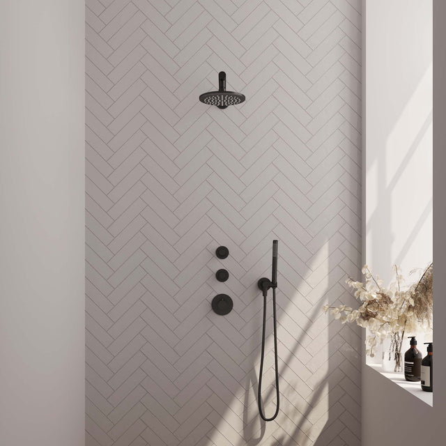 BRAUER Black Carving thermostatische inbouw regendouche SET 01 met 20 cm douchekop en rechte muurarm en staaf handdouche en doucheslang en wandaansluitbocht mat zwart 5-S-097