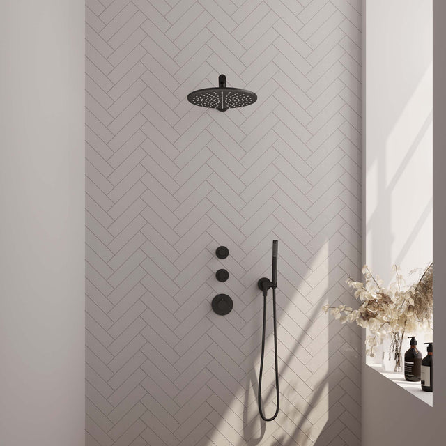 BRAUER Black Carving thermostatische inbouw regendouche SET 02 met 30 cm douchekop en rechte muurarm en staaf handdouche en doucheslang en wandaansluitbocht mat zwart 5-S-098