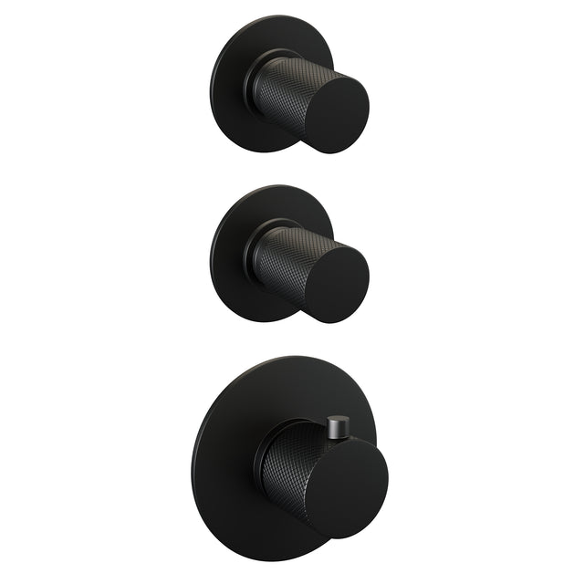 BRAUER Black Carving thermostatische inbouw regendouche SET 07 met 20 cm douchekop en rechte muurarm en 3-standen handdouche en doucheslang en wandaansluitbocht mat zwart 5-S-103