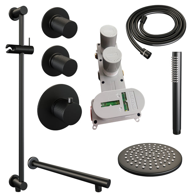 BRAUER Black Carving thermostatische inbouw regendouche SET 13 met 20 cm douchekop en rechte muurarm en staaf handdouche en doucheslang en geïntegreerde glijstang mat zwart 5-S-109