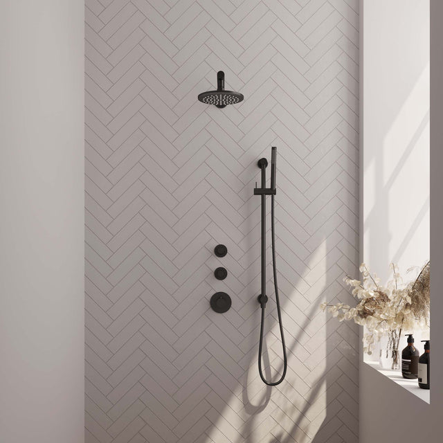 BRAUER Black Carving thermostatische inbouw regendouche SET 13 met 20 cm douchekop en rechte muurarm en staaf handdouche en doucheslang en geïntegreerde glijstang mat zwart 5-S-109