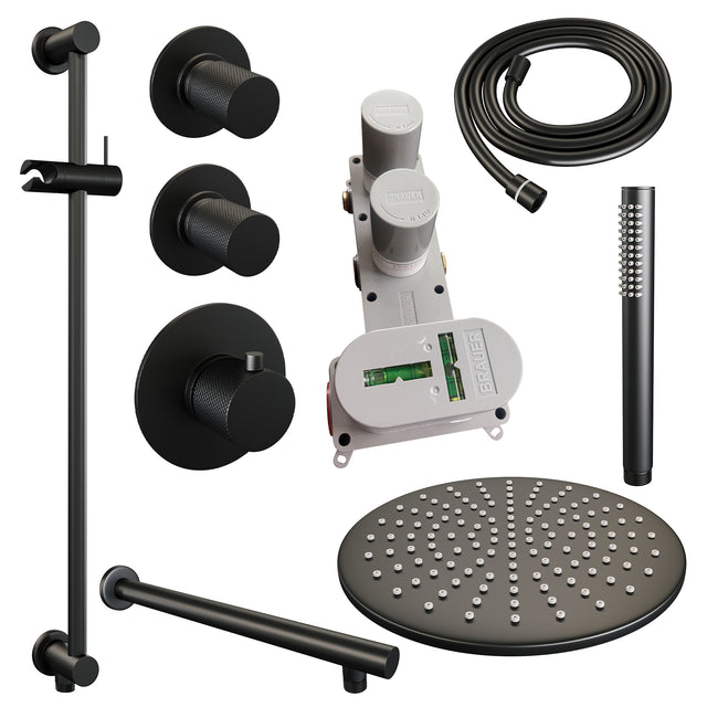 BRAUER Black Carving thermostatische inbouw regendouche SET 14 met 30 cm douchekop en rechte muurarm en staaf handdouche en doucheslang en geïntegreerde glijstang mat zwart 5-S-110