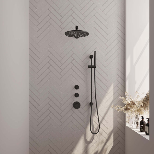 BRAUER Black Carving thermostatische inbouw regendouche SET 14 met 30 cm douchekop en rechte muurarm en staaf handdouche en doucheslang en geïntegreerde glijstang mat zwart 5-S-110