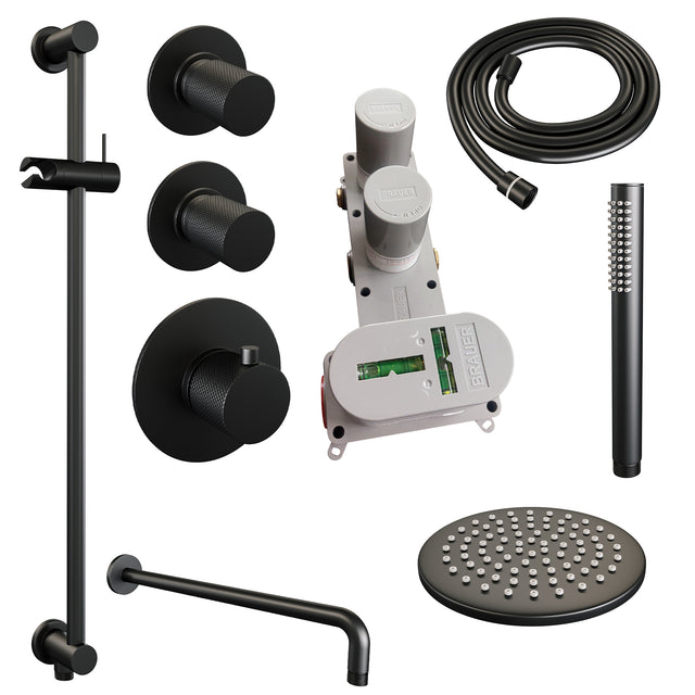 BRAUER Black Carving thermostatische inbouw regendouche SET 15 met 20 cm douchekop en gebogen muurarm en staaf handdouche en doucheslang en geïntegreerde glijstang mat zwart 5-S-111