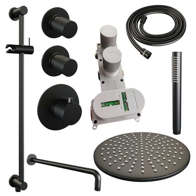 BRAUER Black Carving thermostatische inbouw regendouche SET 16 met 30 cm douchekop en gebogen muurarm en staaf handdouche en doucheslang en geïntegreerde glijstang mat zwart 5-S-112