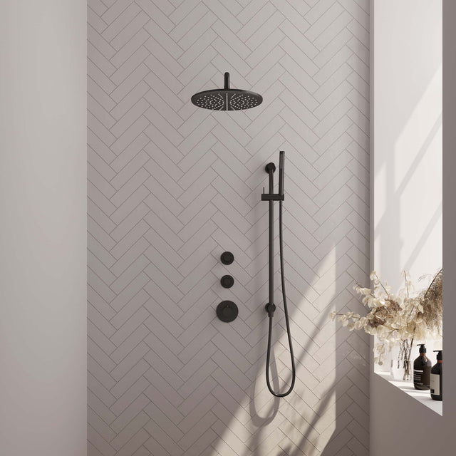 BRAUER Black Carving thermostatische inbouw regendouche SET 16 met 30 cm douchekop en gebogen muurarm en staaf handdouche en doucheslang en geïntegreerde glijstang mat zwart 5-S-112