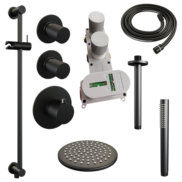 BRAUER Black Carving thermostatische inbouw regendouche SET 17 met 20 cm douchekop en plafondarm en staaf handdouche en doucheslang en geïntegreerde glijstang mat zwart 5-S-113