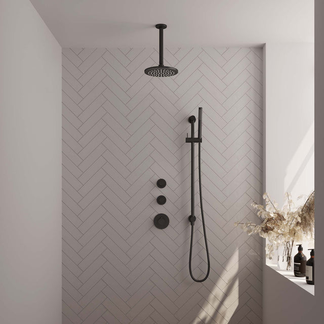 BRAUER Black Carving thermostatische inbouw regendouche SET 17 met 20 cm douchekop en plafondarm en staaf handdouche en doucheslang en geïntegreerde glijstang mat zwart 5-S-113