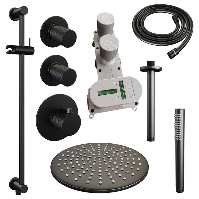 BRAUER Black Carving thermostatische inbouw regendouche SET 18 met 30 cm douchekop en plafondarm en staaf handdouche en doucheslang en geïntegreerde glijstang mat zwart 5-S-114