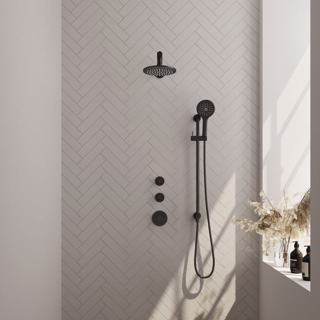 BRAUER Black Carving thermostatische inbouw regendouche SET 19 met 20 cm douchekop en rechte muurarm en 3-standen handdouche en doucheslang en geïntegreerde glijstang mat zwart 5-S-115