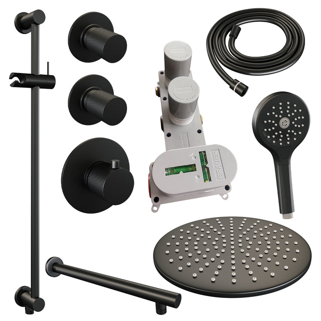 BRAUER Black Carving thermostatische inbouw regendouche SET 20 met 30 cm douchekop en rechte muurarm en 3-standen handdouche en doucheslang en geïntegreerde glijstang mat zwart 5-S-116