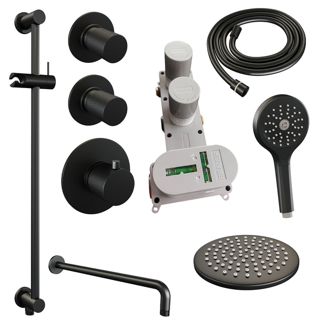 BRAUER Black Carving thermostatische inbouw regendouche SET 21 met 20 cm douchekop en gebogen muurarm en 3-standen handdouche en doucheslang en geïntegreerde glijstang mat zwart 5-S-117