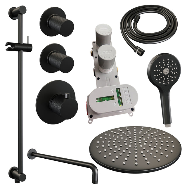 BRAUER Black Carving thermostatische inbouw regendouche SET 22 met 30 cm douchekop en gebogen muurarm en 3-standen handdouche en doucheslang en geïntegreerde glijstang mat zwart 5-S-118