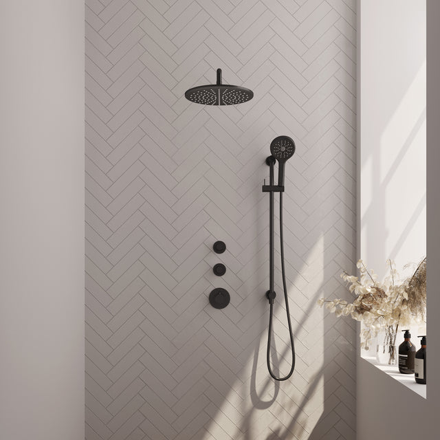 BRAUER Black Carving thermostatische inbouw regendouche SET 22 met 30 cm douchekop en gebogen muurarm en 3-standen handdouche en doucheslang en geïntegreerde glijstang mat zwart 5-S-118