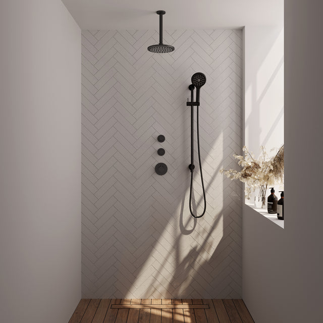 BRAUER Black Carving thermostatische inbouw regendouche SET 23 met 20 cm douchekop en plafondarm en 3-standen handdouche en doucheslang en geïntegreerde glijstang mat zwart 5-S-119