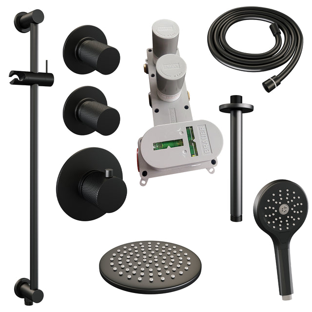 BRAUER Black Carving thermostatische inbouw regendouche SET 23 met 20 cm douchekop en plafondarm en 3-standen handdouche en doucheslang en geïntegreerde glijstang mat zwart 5-S-119