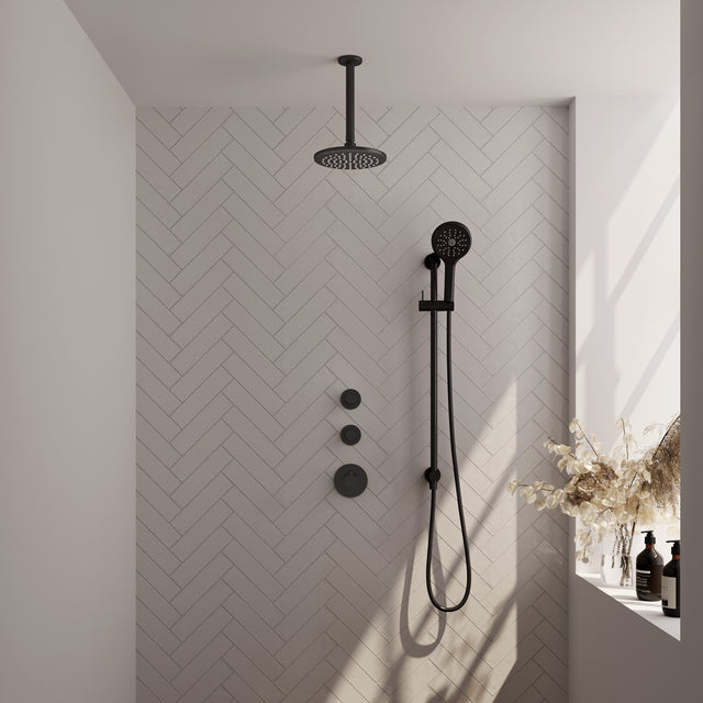BRAUER Black Carving thermostatische inbouw regendouche SET 23 met 20 cm douchekop en plafondarm en 3-standen handdouche en doucheslang en geïntegreerde glijstang mat zwart 5-S-119