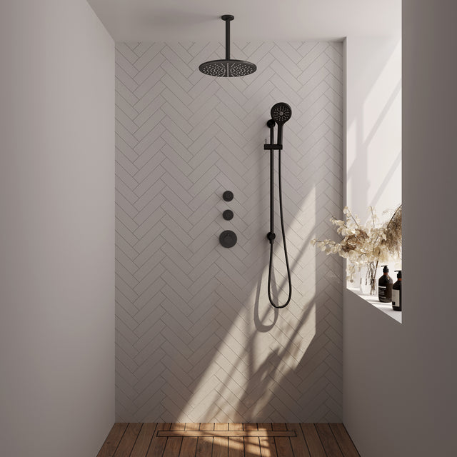 BRAUER Black Carving thermostatische inbouw regendouche SET 24 met 30 cm douchekop en plafondarm en 3-standen handdouche en doucheslang en geïntegreerde glijstang mat zwart 5-S-120