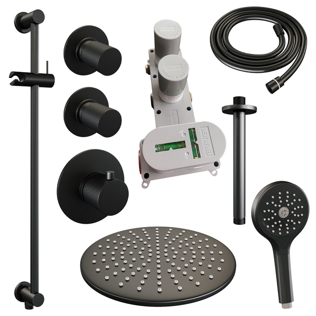 BRAUER Black Carving thermostatische inbouw regendouche SET 24 met 30 cm douchekop en plafondarm en 3-standen handdouche en doucheslang en geïntegreerde glijstang mat zwart 5-S-120