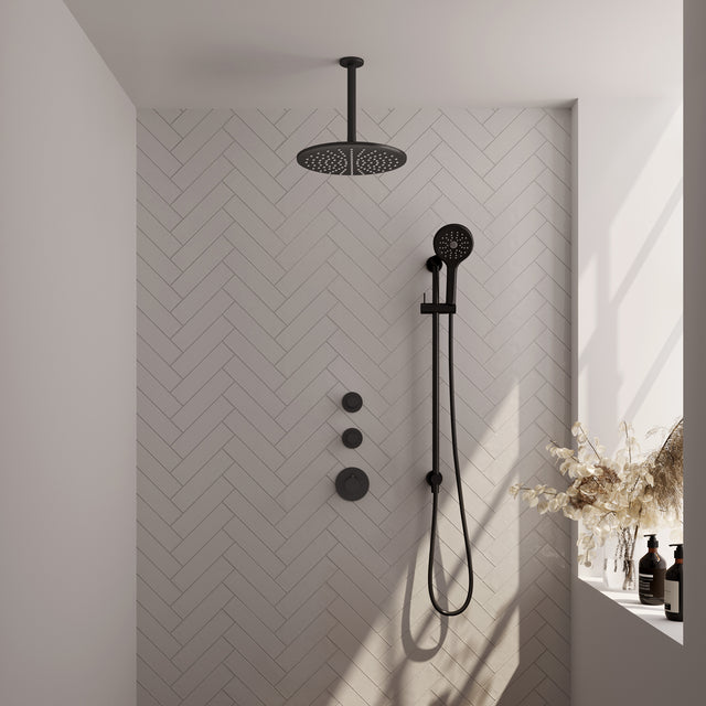 BRAUER Black Carving thermostatische inbouw regendouche SET 24 met 30 cm douchekop en plafondarm en 3-standen handdouche en doucheslang en geïntegreerde glijstang mat zwart 5-S-120