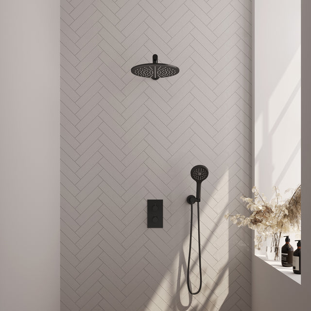 BRAUER Black Carving thermostatische inbouw regendouche 3-weg omstelling SET 32 met 30 cm douchekop en rechte muurarm en 3-standen handdouche en doucheslang en wandaansluitbocht mat zwart 5-S-128