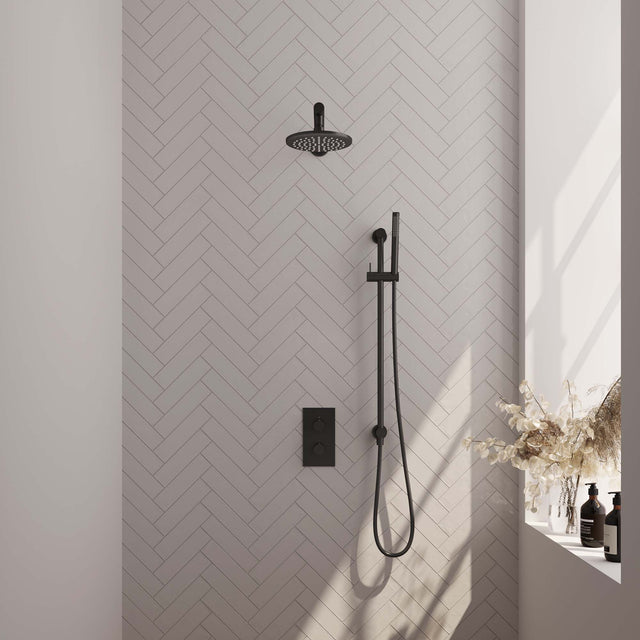 BRAUER Black Carving thermostatische inbouw regendouche 3-weg omstelling SET 37 met 20 cm douchekop en rechte muurarm en staaf handdouche en doucheslang en geïntegreerde glijstang mat zwart 5-S-133