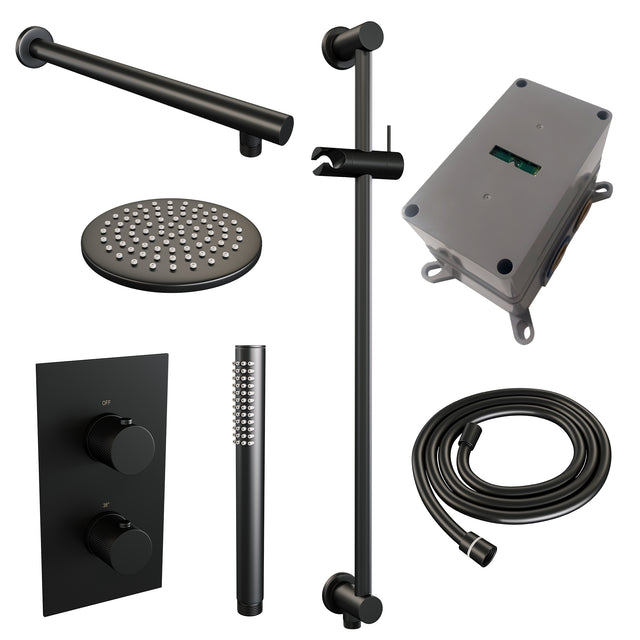 BRAUER Black Carving thermostatische inbouw regendouche 3-weg omstelling SET 37 met 20 cm douchekop en rechte muurarm en staaf handdouche en doucheslang en geïntegreerde glijstang mat zwart 5-S-133