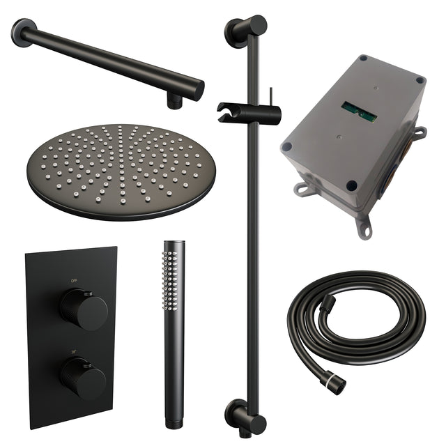 BRAUER Black Carving thermostatische inbouw regendouche 3-weg omstelling SET 38 met 30 cm douchekop en rechte muurarm en staaf handdouche en doucheslang en geïntegreerde glijstang mat zwart 5-S-134
