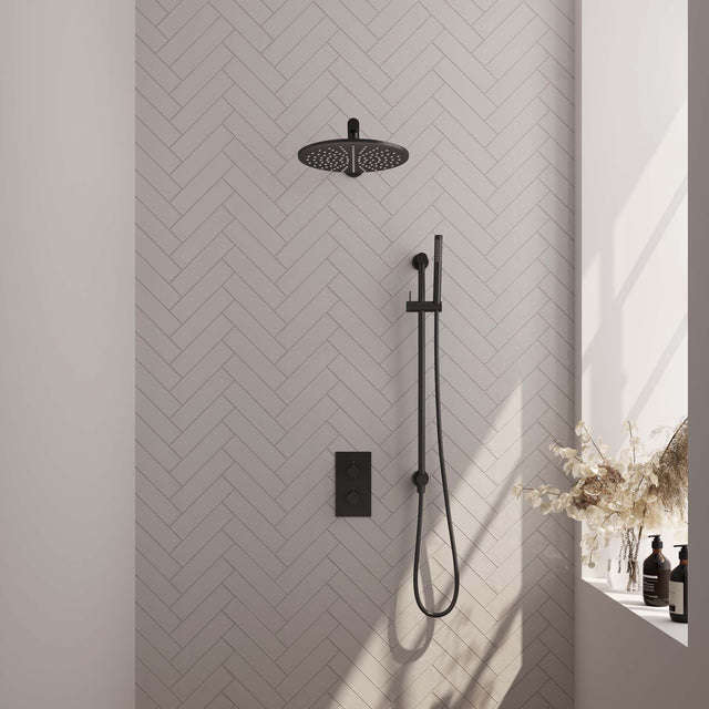 BRAUER Black Carving thermostatische inbouw regendouche 3-weg omstelling SET 38 met 30 cm douchekop en rechte muurarm en staaf handdouche en doucheslang en geïntegreerde glijstang mat zwart 5-S-134