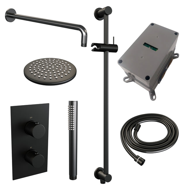 BRAUER Black Carving thermostatische inbouw regendouche 3-weg omstelling SET 39 met 20 cm douchekop en gebogen muurarm en staaf handdouche en doucheslang en geïntegreerde glijstang mat zwart 5-S-135