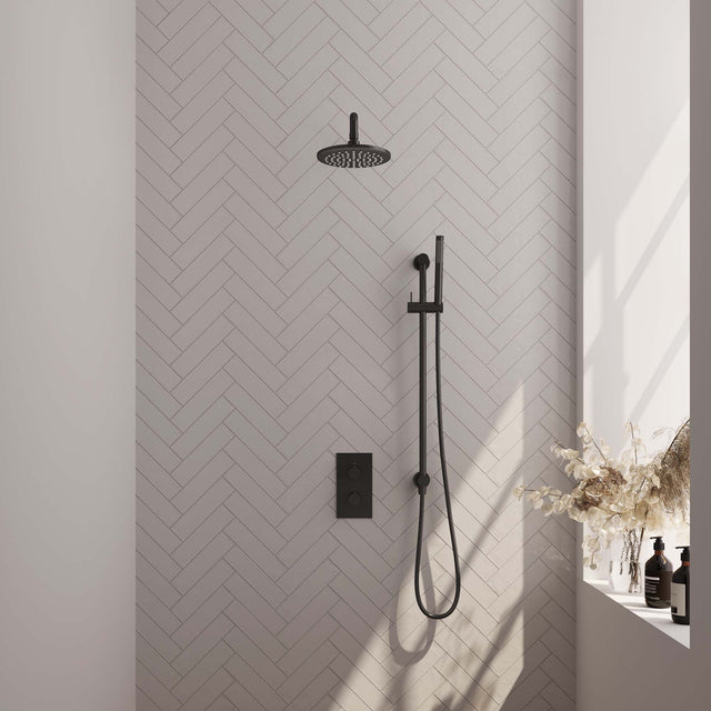 BRAUER Black Carving thermostatische inbouw regendouche 3-weg omstelling SET 39 met 20 cm douchekop en gebogen muurarm en staaf handdouche en doucheslang en geïntegreerde glijstang mat zwart 5-S-135