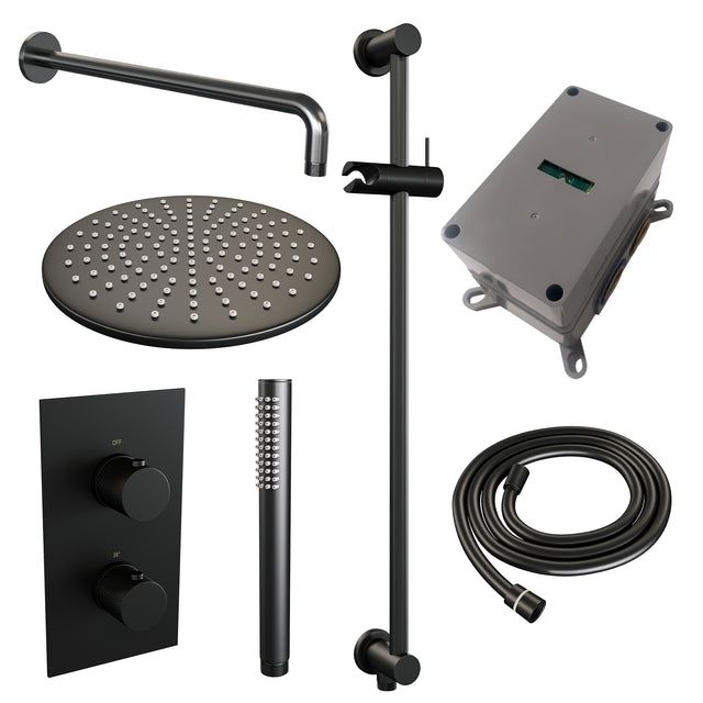 BRAUER Black Carving thermostatische inbouw regendouche 3-weg omstelling SET 40 met 30 cm douchekop en gebogen muurarm en staaf handdouche en doucheslang en geïntegreerde glijstang mat zwart 5-S-136