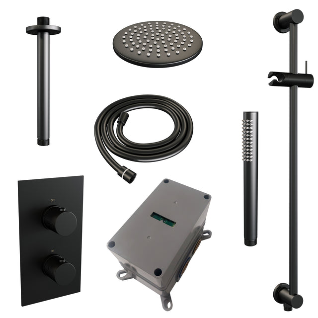 BRAUER Black Carving thermostatische inbouw regendouche 3-weg omstelling SET 41 met 20 cm douchekop en plafondarm en staaf handdouche en doucheslang en geïntegreerde glijstang mat zwart 5-S-137