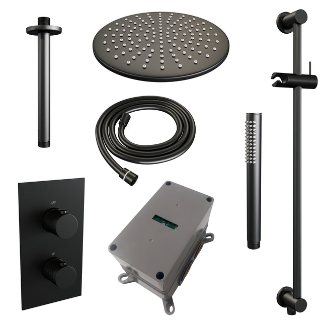 BRAUER Black Carving thermostatische inbouw regendouche 3-weg omstelling SET 42 met 30 cm douchekop en plafondarm en staaf handdouche en doucheslang en geïntegreerde glijstang mat zwart 5-S-138