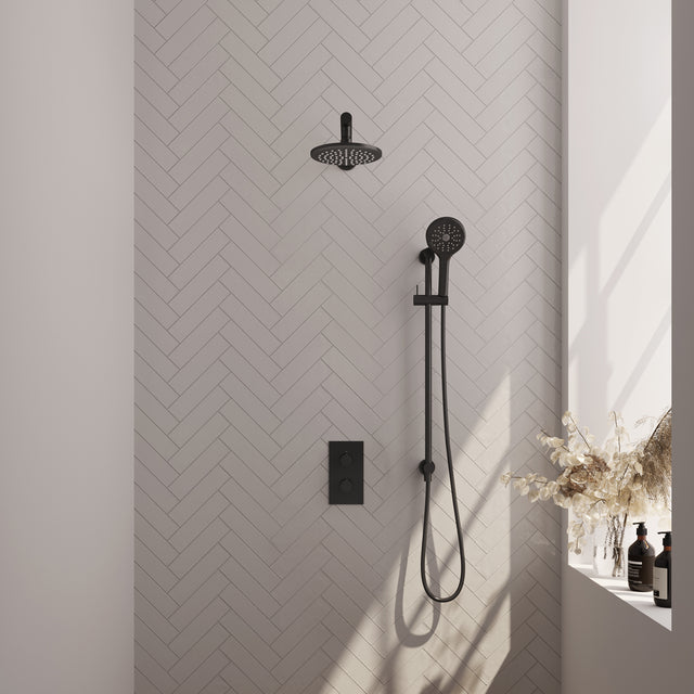 BRAUER Black Carving thermostatische inbouw regendouche 3-weg omstelling SET 43 met 20 cm douchekop en rechte muurarm en 3-standen handdouche en doucheslang en geïntegreerde glijstang mat zwart 5-S-139